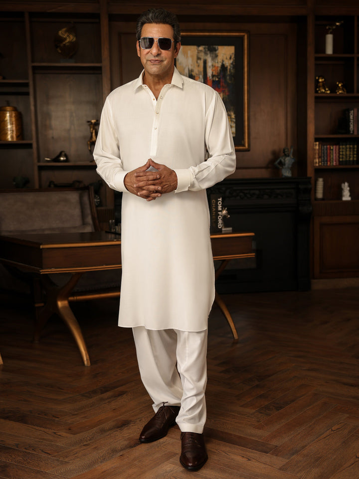 Blended White Shalwar Kameez - Almirah