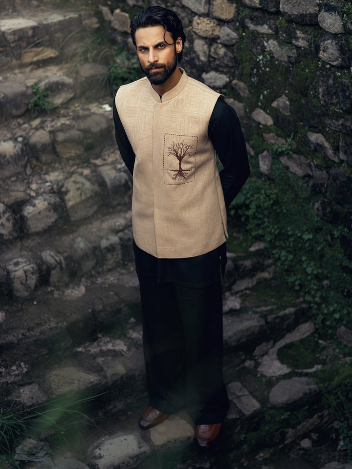 Polyester Beige Waist Coat - Almirah