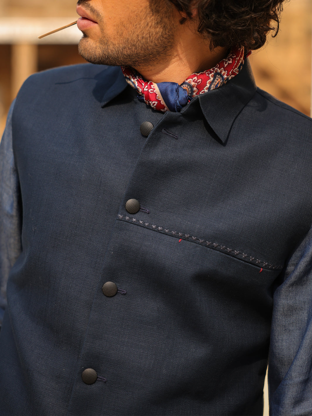 Cotton Dark Blue Waist Coat - Almirah