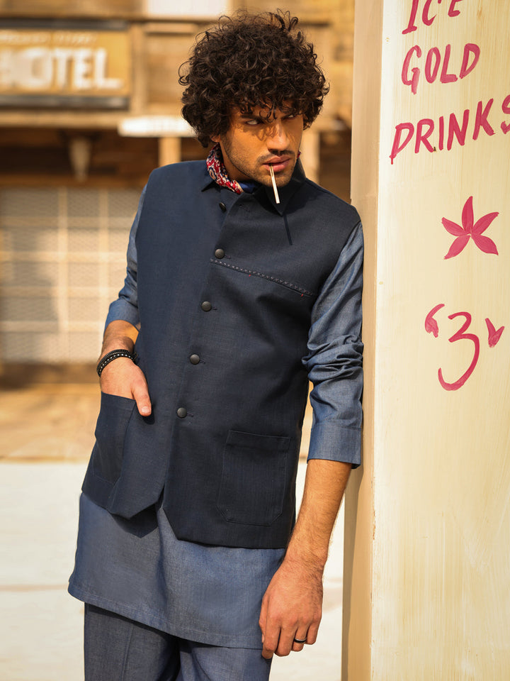 Cotton Dark Blue Waist Coat - Almirah