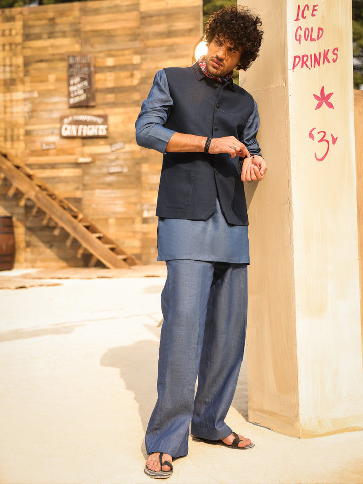Cotton Dark Blue Waist Coat - Almirah