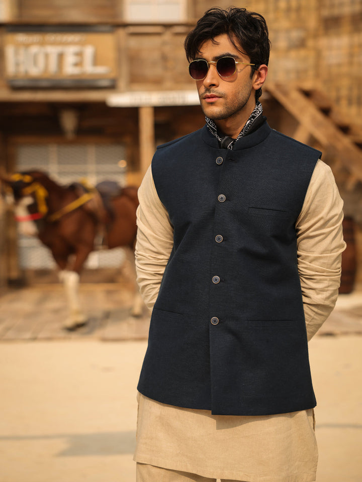 Blended Navy Blue Waist Coat - Almirah