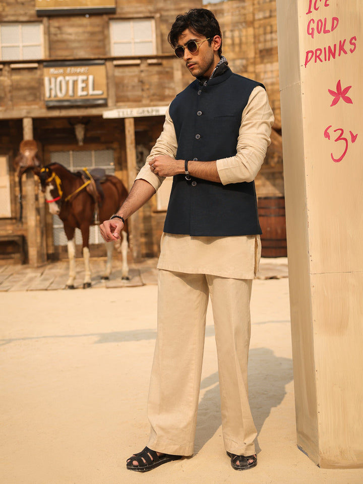 Blended Navy Blue Waist Coat - Almirah