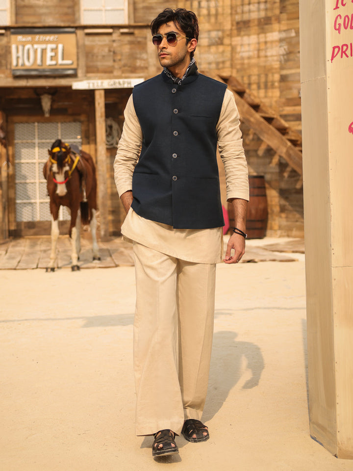 Blended Navy Blue Waist Coat - Almirah