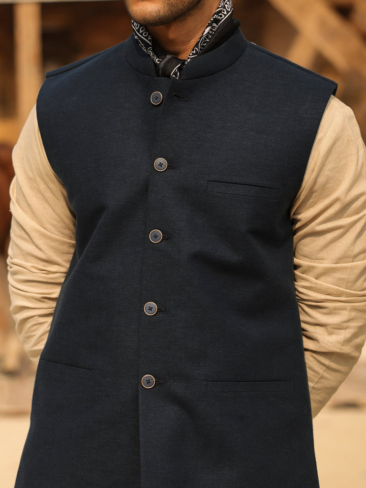 Blended Navy Blue Waist Coat - Almirah