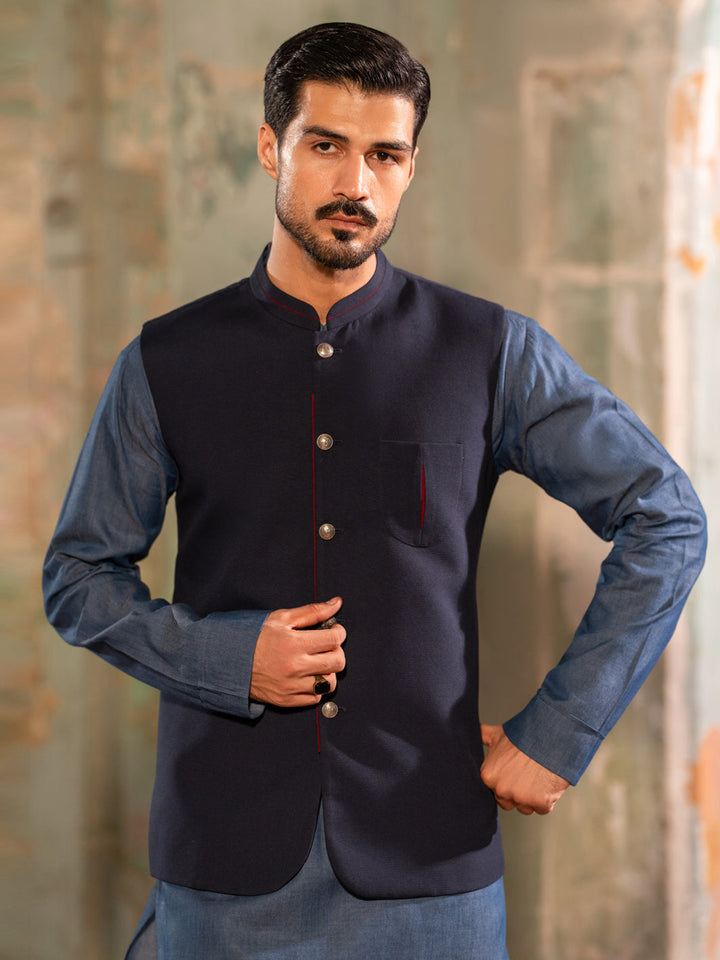 Blended Midnight Blue Waist Coat - Almirah