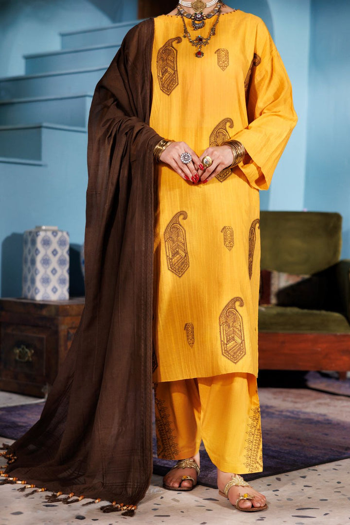 Lino Kara Mustard Stitched Suit - Almirah