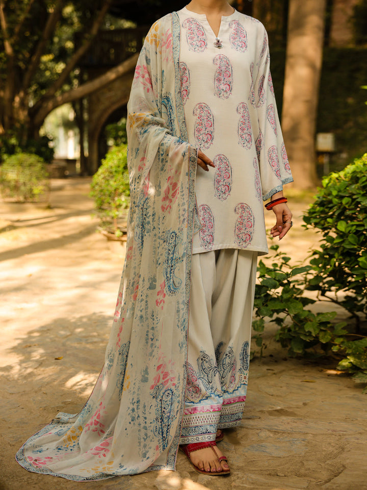 Poly Raw Silk Beige Stitched Suit - Almirah