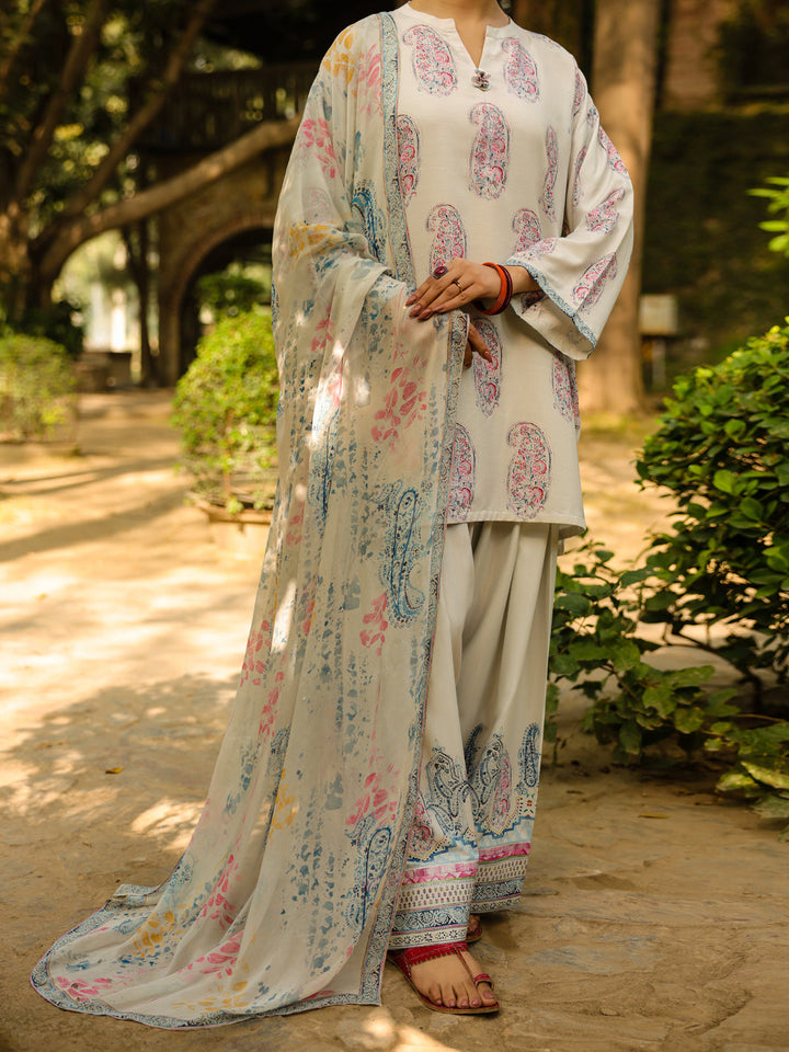 Poly Raw Silk Beige Stitched Suit - Almirah