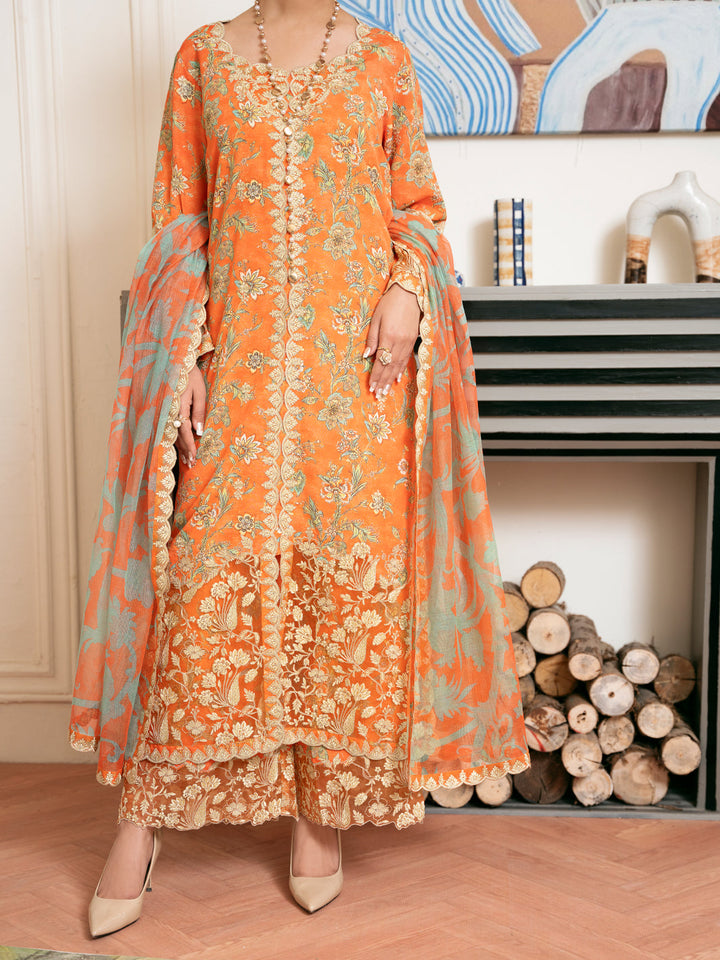Poly Lawn Orange Stitched Suit - J. Junaid Jamshed