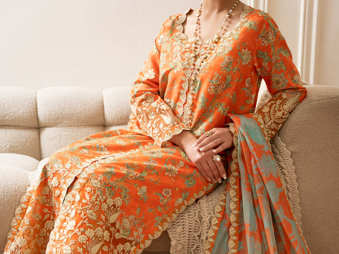 Poly Lawn Orange Stitched Suit - J. Junaid Jamshed