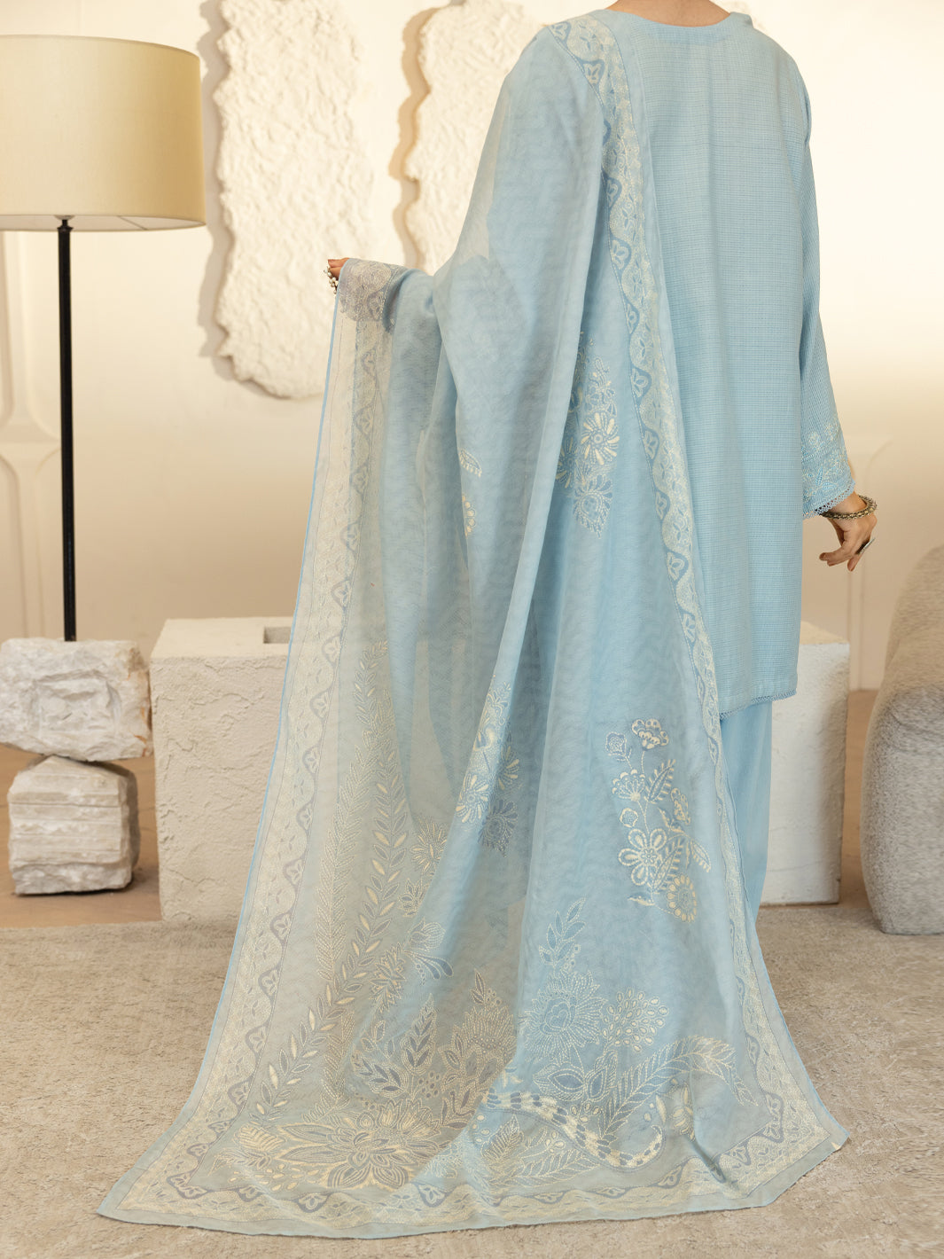 Dobby Sky Blue Stitched Suit - J. Junaid Jamshed