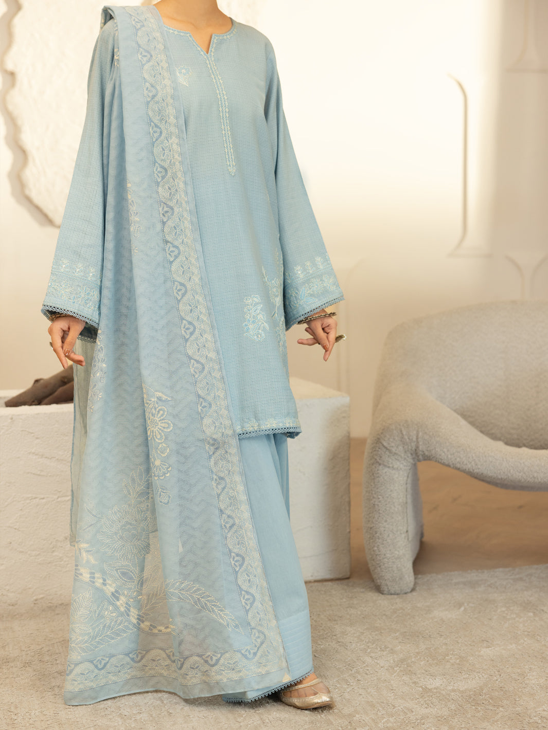 Dobby Sky Blue Stitched Suit - J. Junaid Jamshed