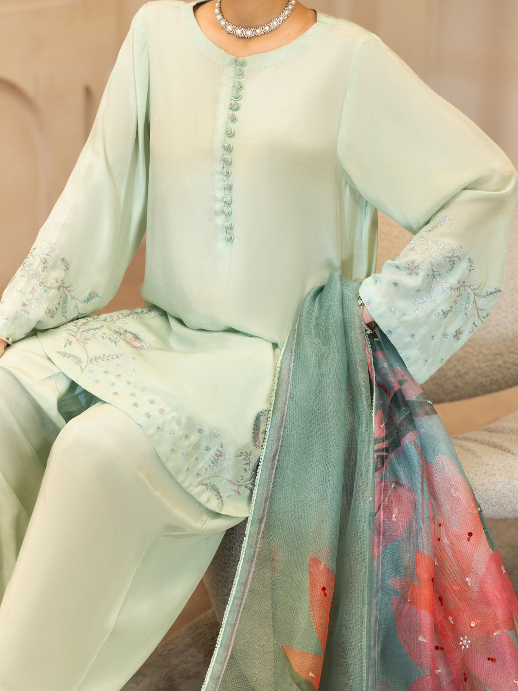 Viscose Sheesha Silk Light Green Stitched Suit - Almirah