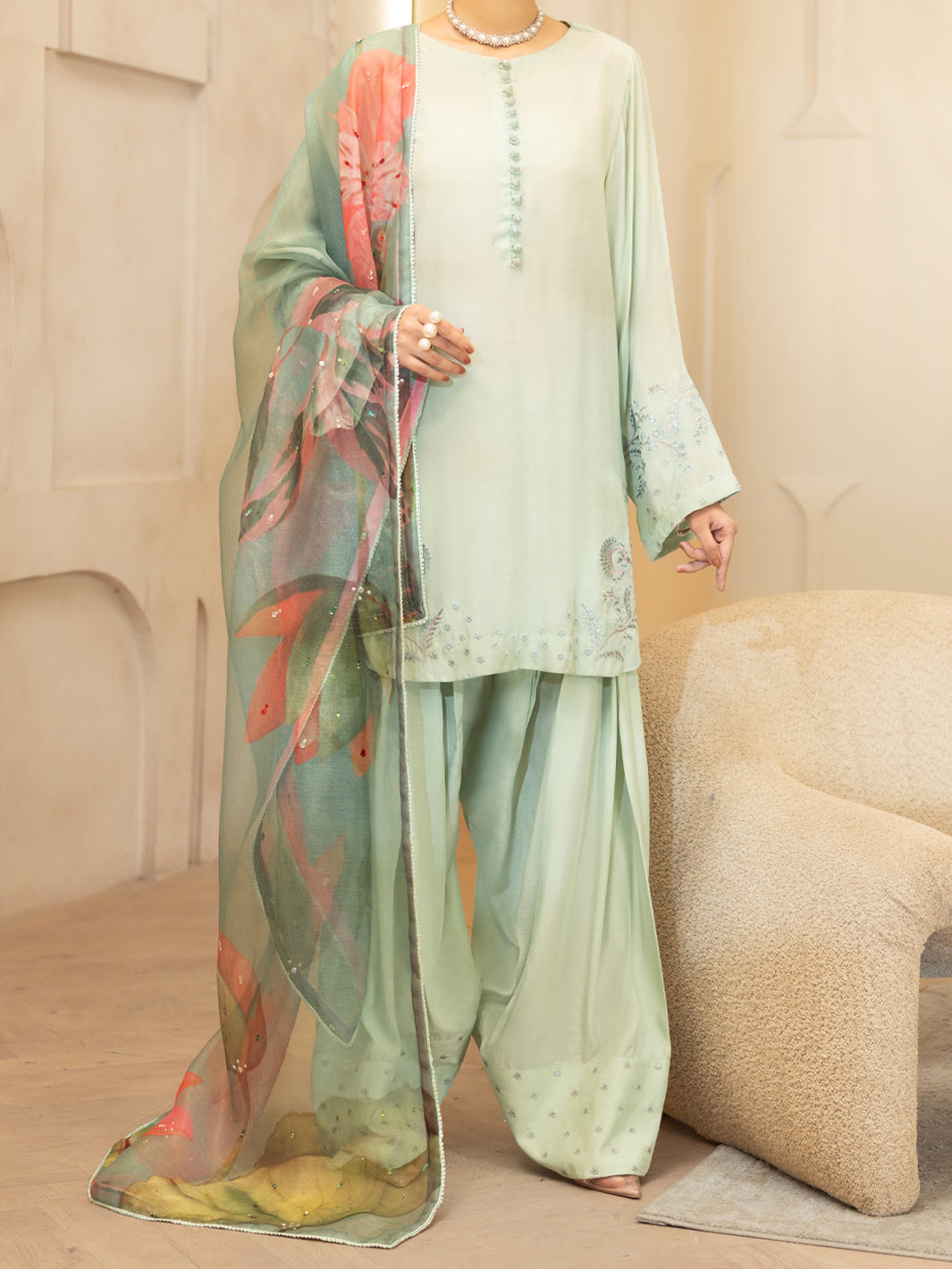 Viscose Sheesha Silk Light Green Stitched Suit - Almirah