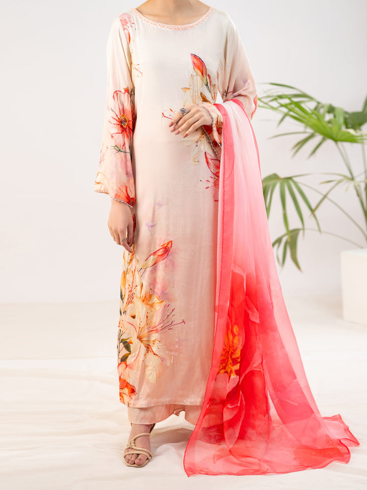 Thai Silk Peach Stitched Suit - J. Junaid Jamshed