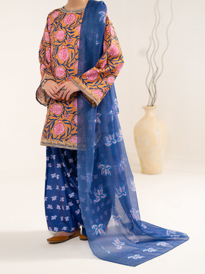 Raw Silk Mustard Blue Unstitched Suit - Almirah