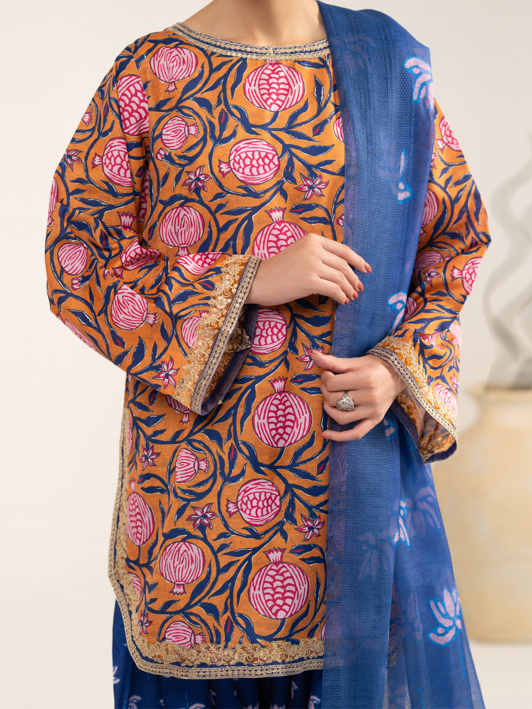 Raw Silk Mustard Blue Unstitched Suit - Almirah
