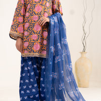Raw Silk Mustard Blue Unstitched Suit - Almirah