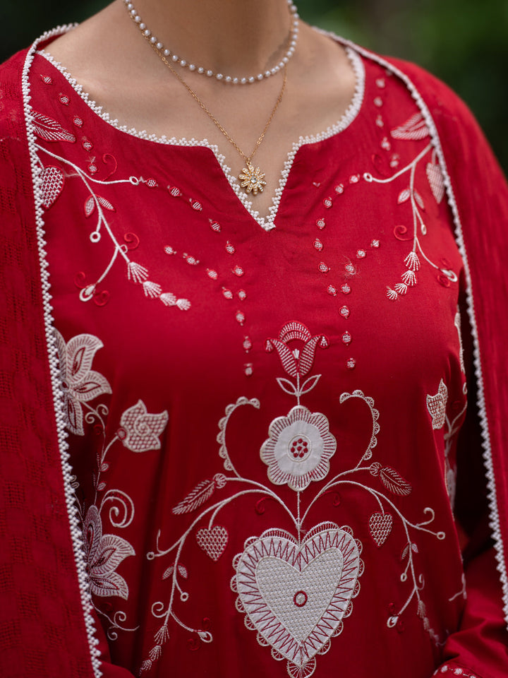 Cotton Red Stitched Suit - Almirah
