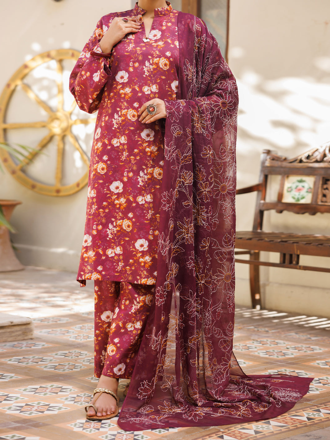 Lawn Maroon Stitched Suit - Almirah