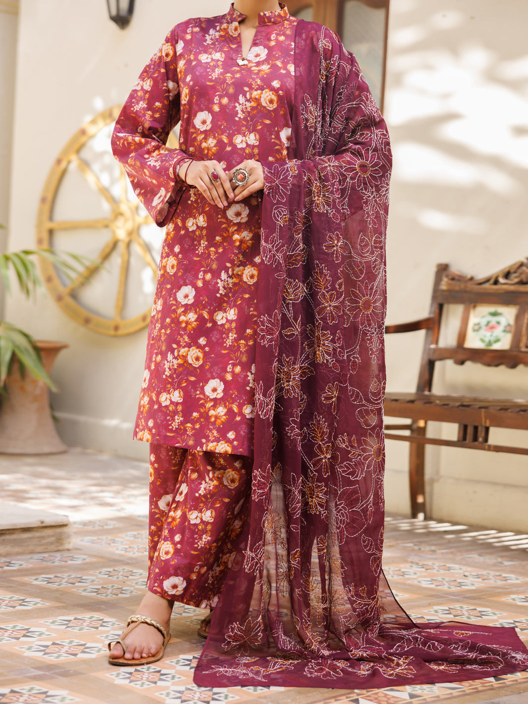 Lawn Maroon Stitched Suit - Almirah