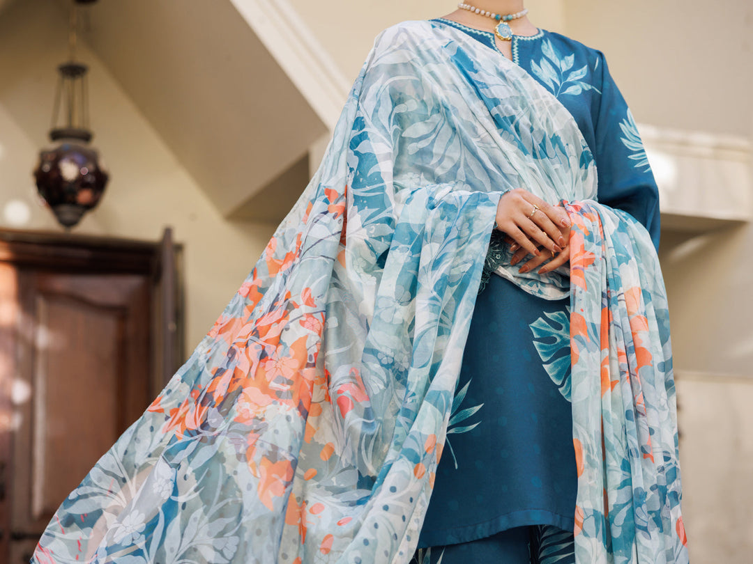 Silk Lawn Teal Stitched Suit - Almirah