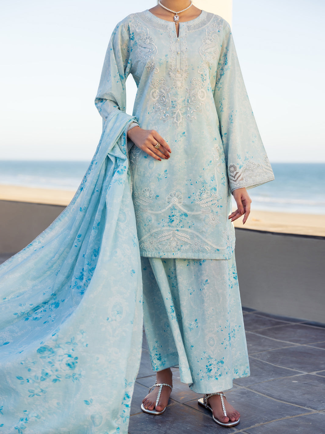 Cotton Sky Blue Stitched Suit - Almirah