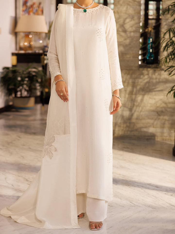 Silk Off White Stitched Suit - Almirah