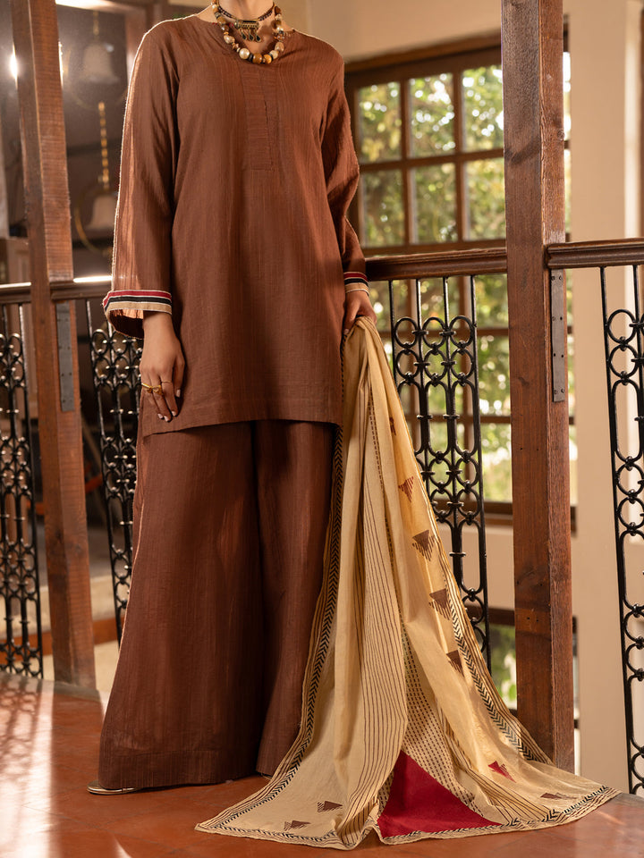 Cotton Dobby Brown Stitched Suit - Almirah