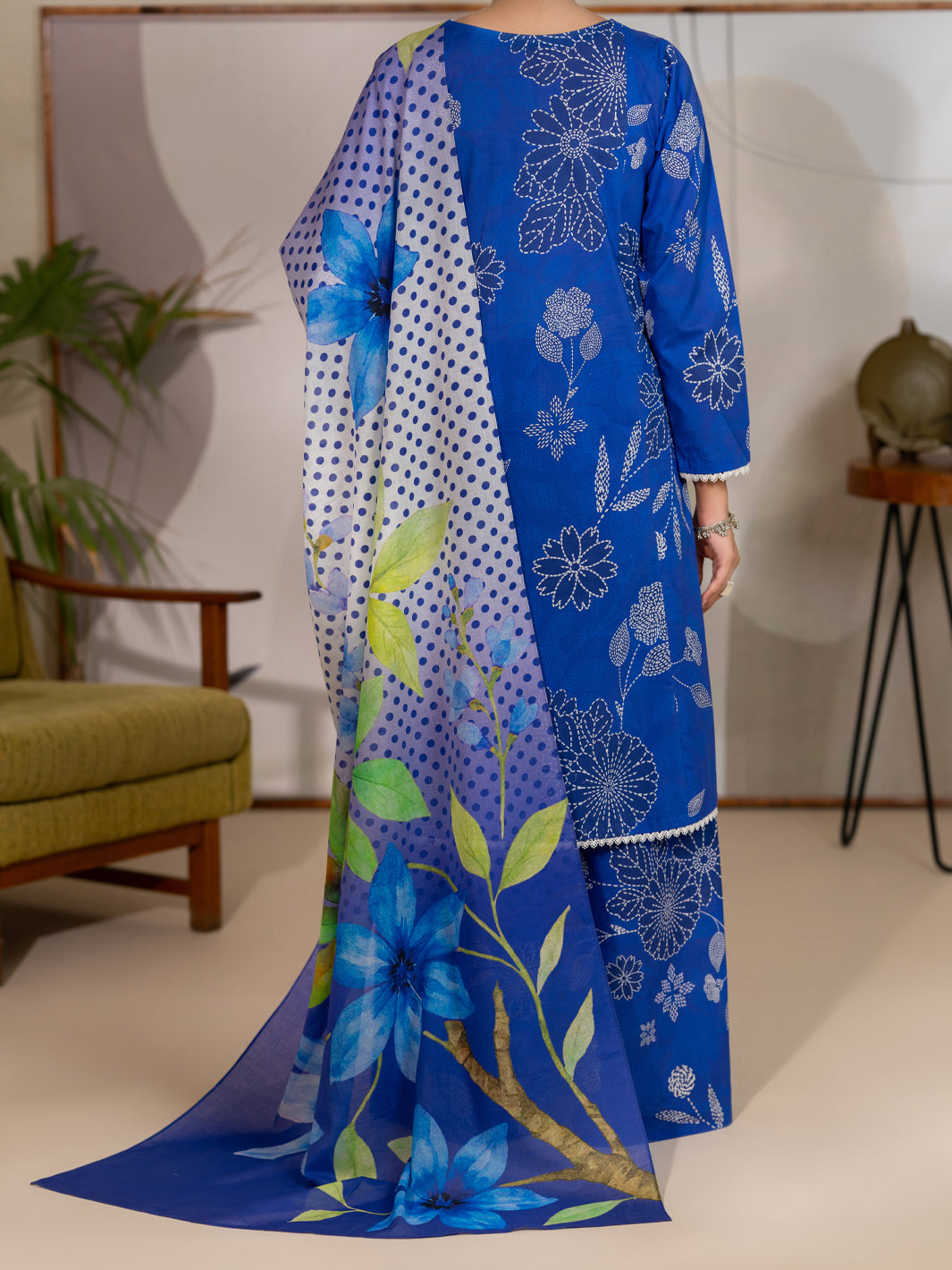 Cotton Lawn Blue Unstitched Suit - Almirah