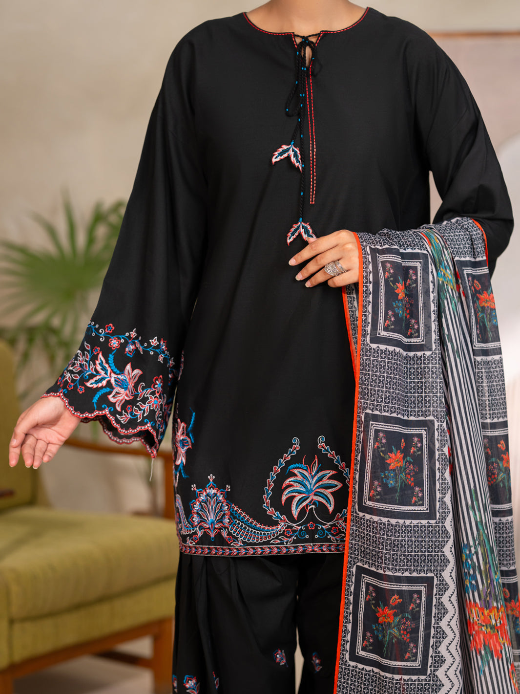 Cotton Black Unstitched Suit - Almirah