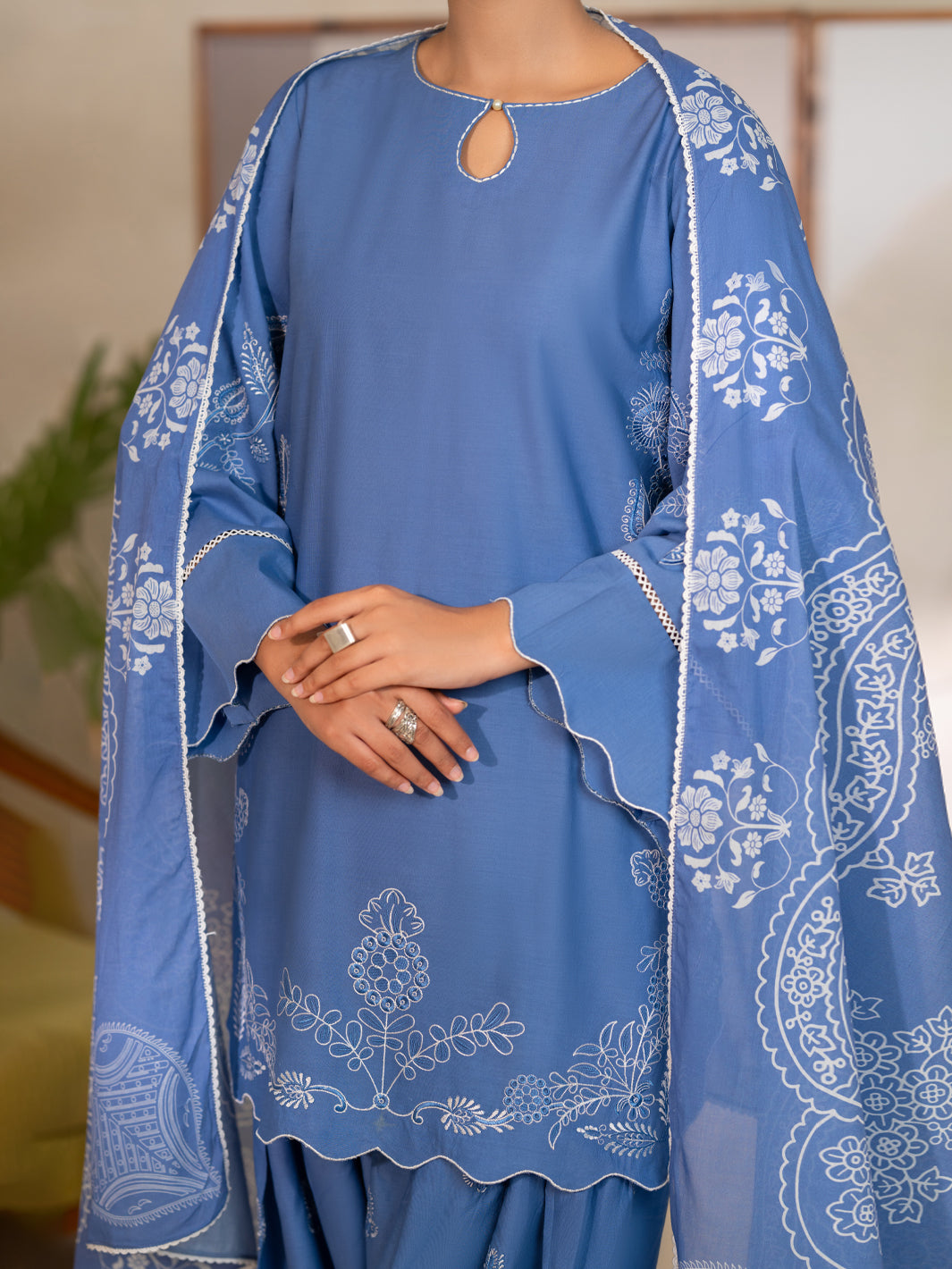 Cotton Lawn Blue Unstitched Suit - Almirah