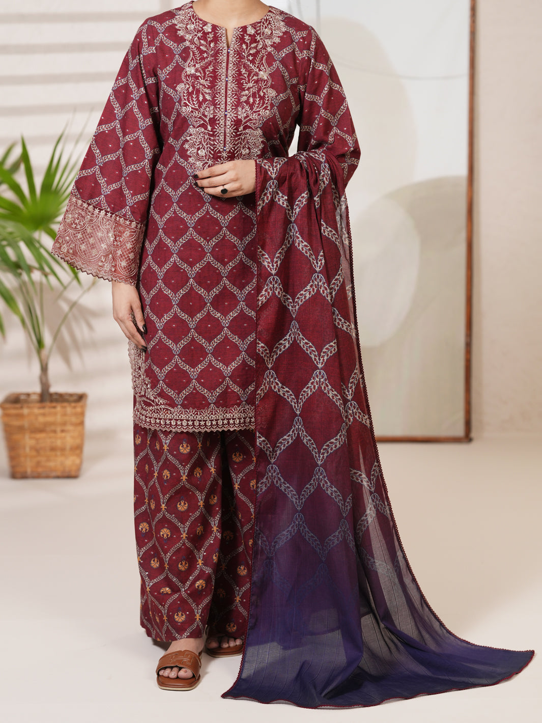 Cotton Maroon Unstitched Suit - Almirah