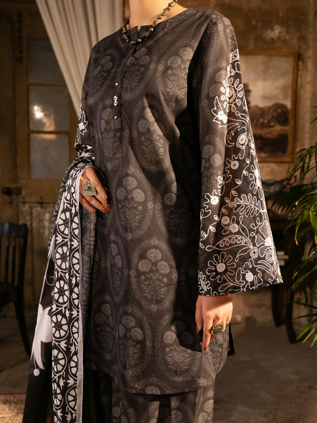 Cotton Lawn Charcoal Unstitched Suit - Almirah