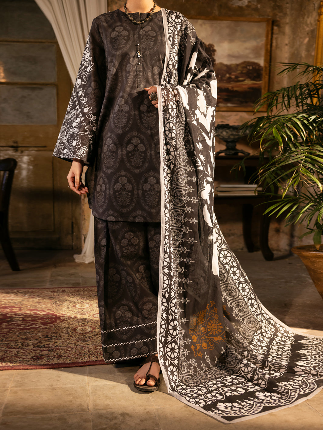 Cotton Lawn Charcoal Unstitched Suit - Almirah