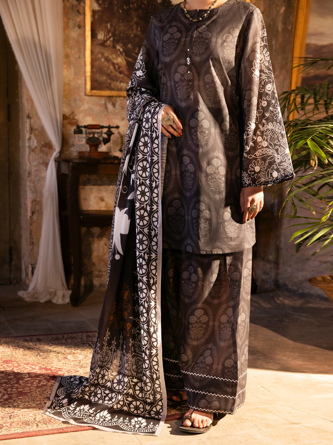 Cotton Lawn Charcoal Unstitched Suit - Almirah