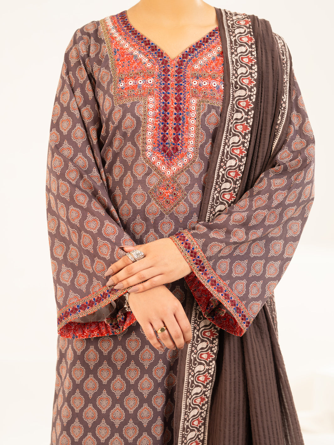 Lawn Brown Stitched Suit - J. Junaid Jamshed