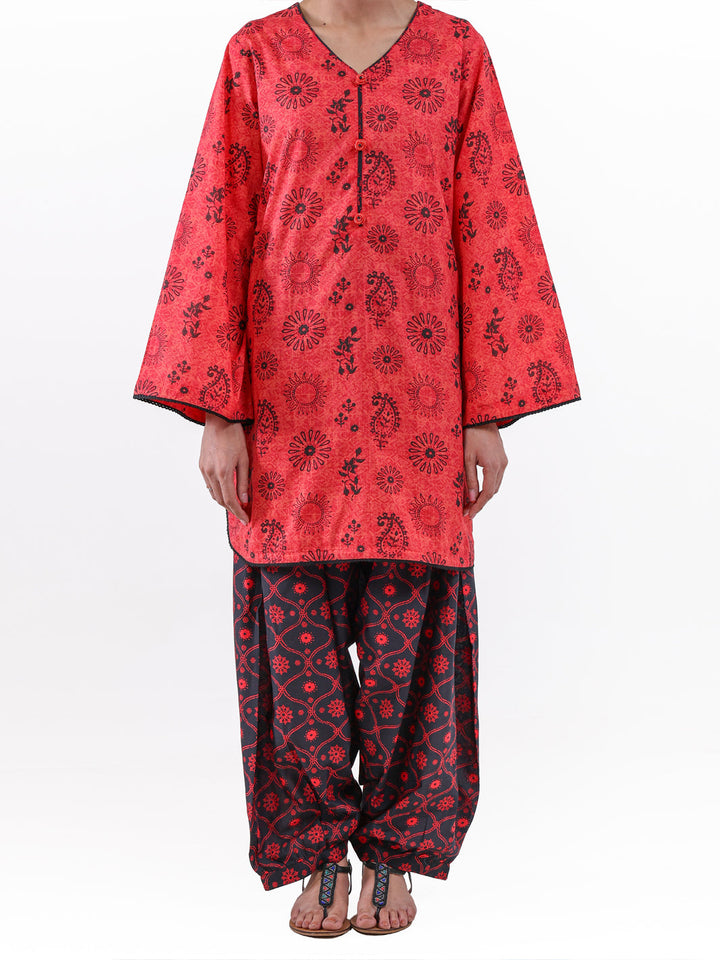 Lawn Red Unstitched Suit - Almirah