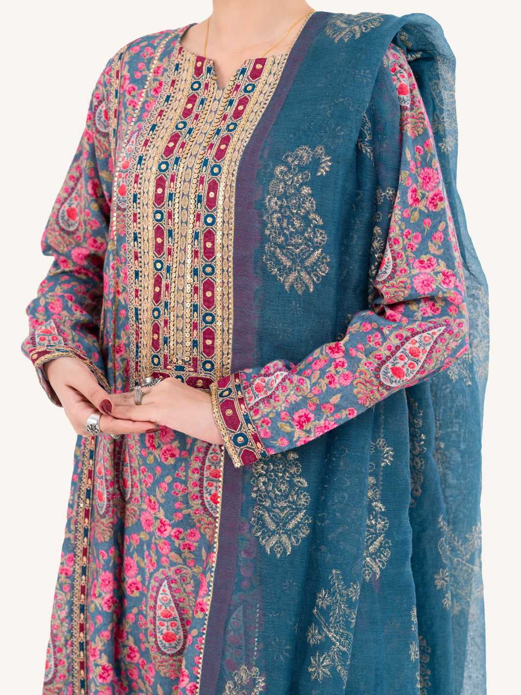 Maple Silk Teal Stitched Suit - Almirah