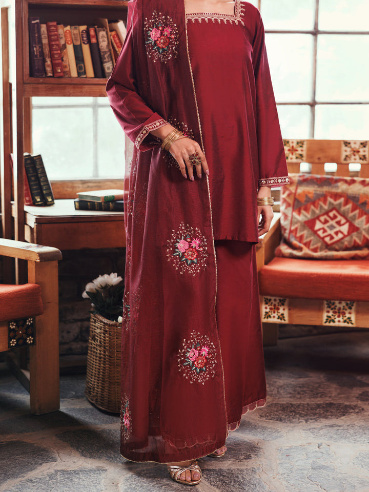 Poly Cotton Maroon Stitched Suit - Almirah