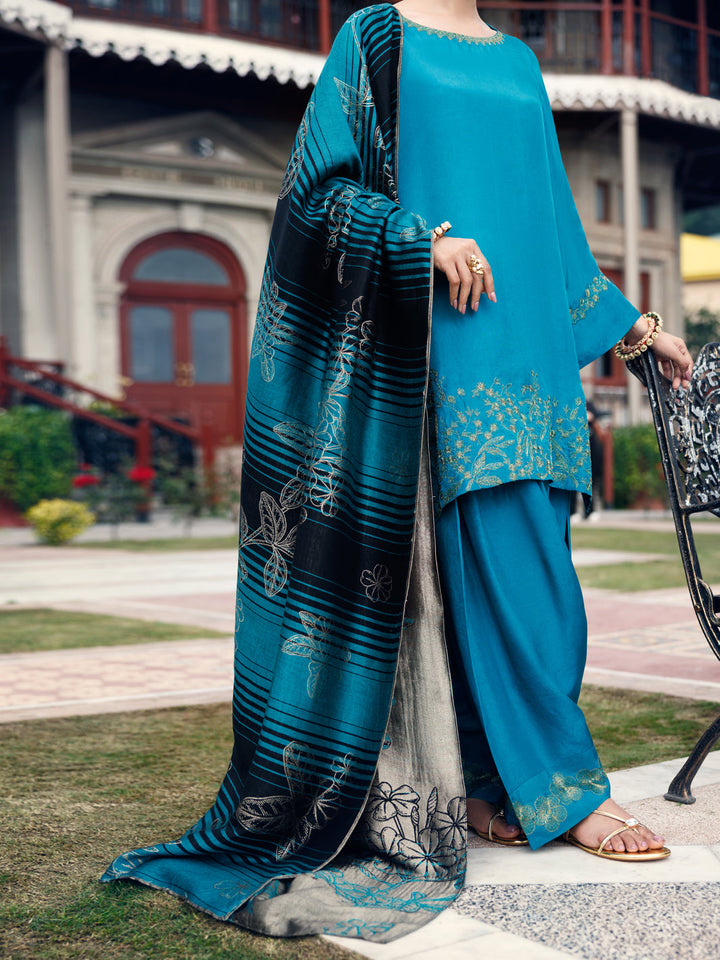 Taffeta Silk Turquoise Unstitched Suit - Almirah