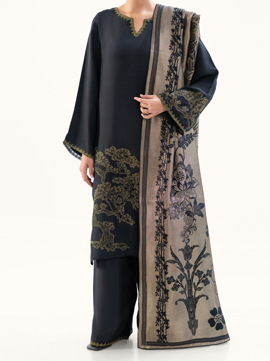 Silk Black Stitched Suit - Almirah
