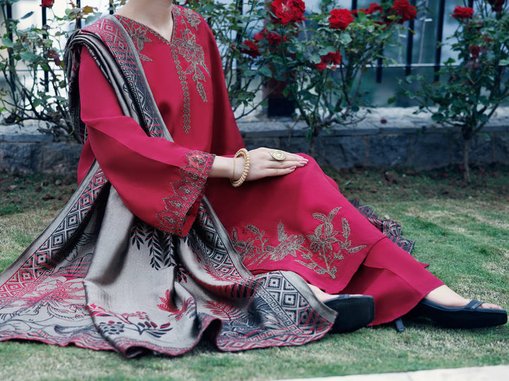 Silk Red Stitched Suit - Almirah