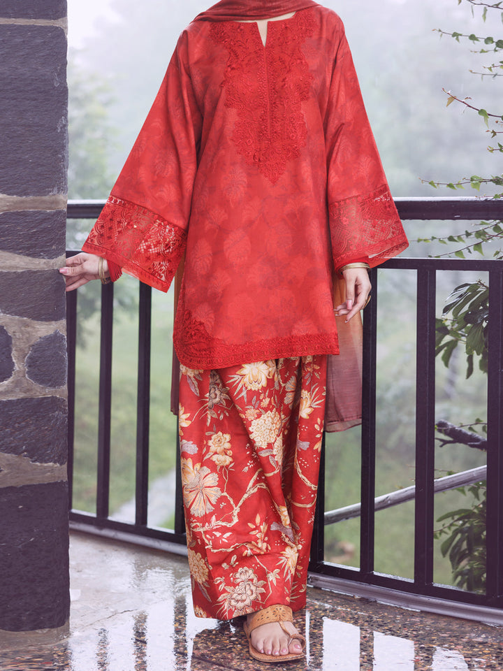 Jacquard Red Unstitched Suit - Almirah