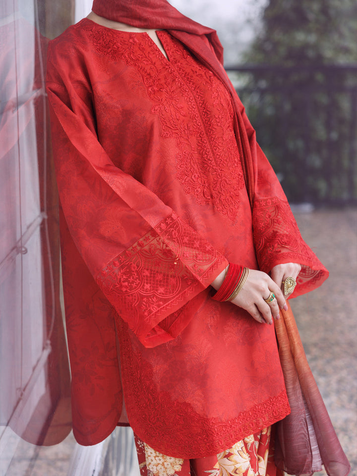 Jacquard Red Unstitched Suit - Almirah