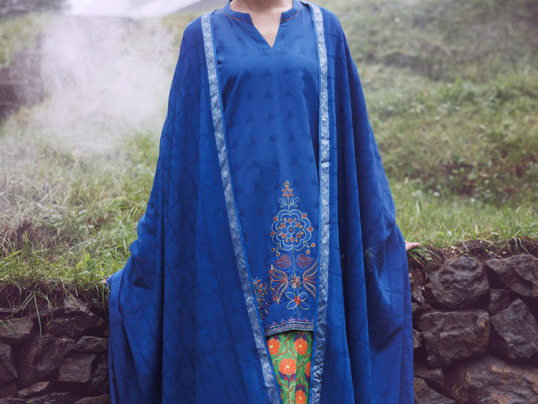 Dobby Blue Stitched Suit - Almirah