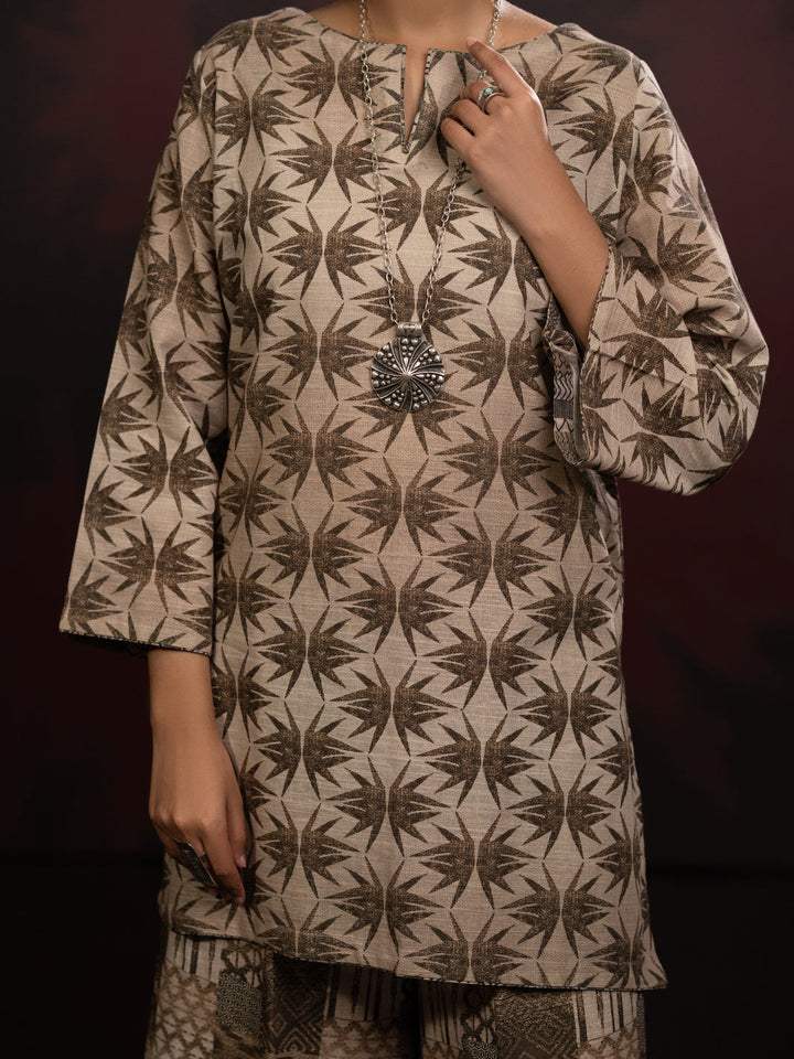 Slub Khaddar Beige Stitched Suit - Almirah