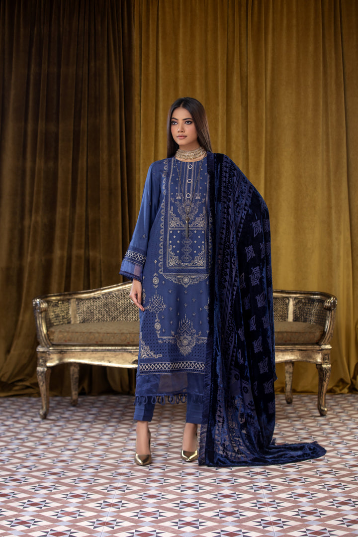 Embroidered Wool Blue Stitched Suit - Lala Brocade Vol I