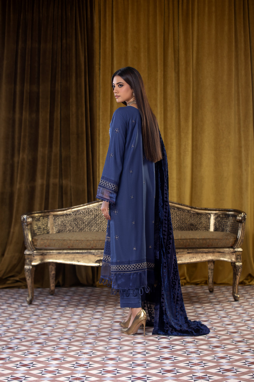 Embroidered Wool Blue Stitched Suit - Lala Brocade Vol I
